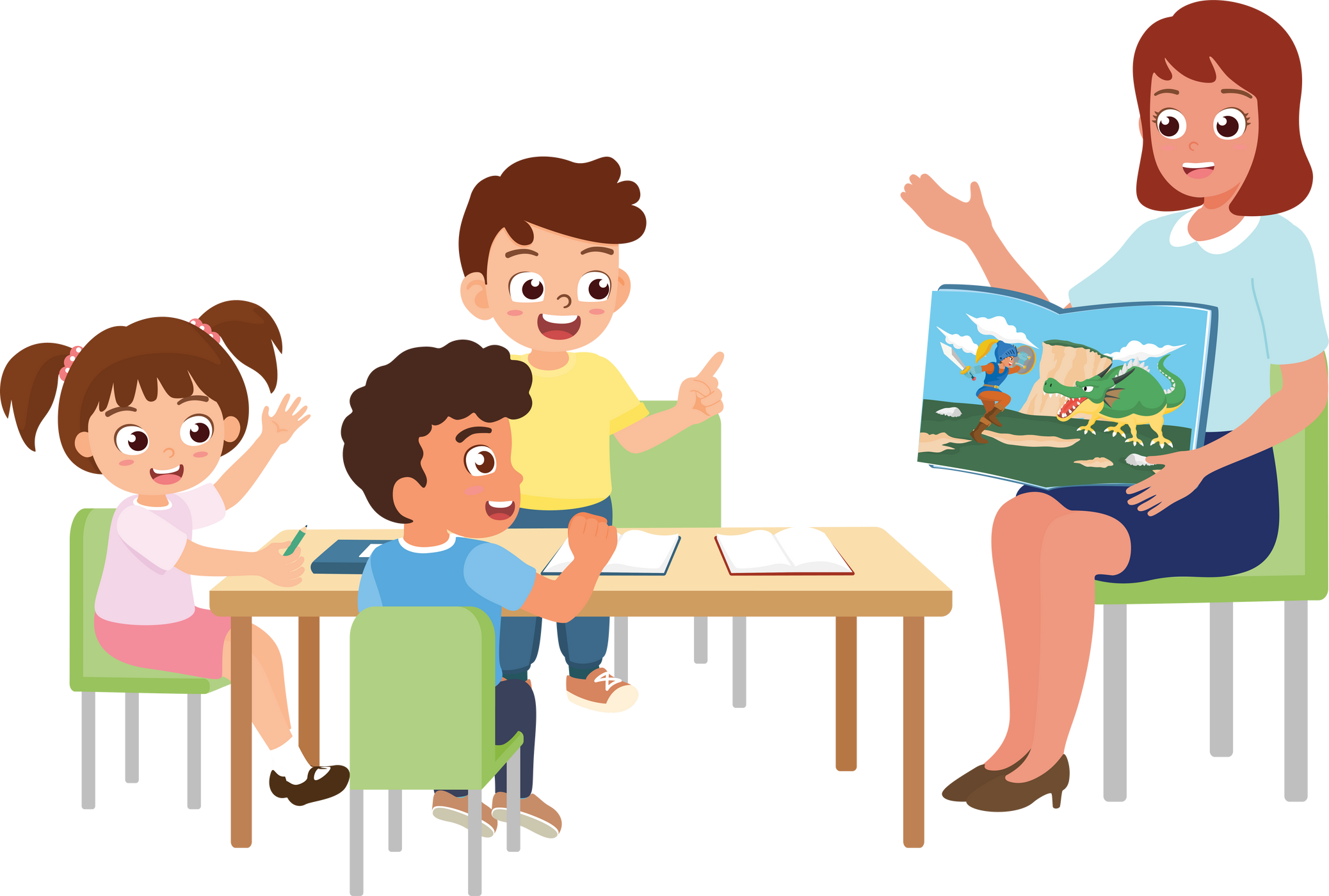Children focus attention on listen to teacher telling story book of the knight adventure. Student classroom in school concept.