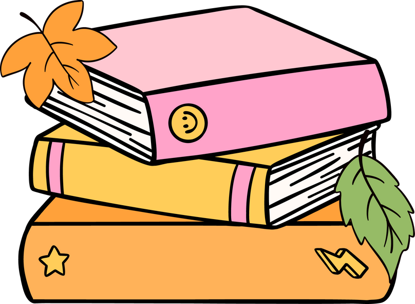 Groovy retro autumn stacked book hippie cartoon doodle playful and vibrant fall season illustration.